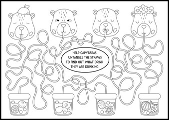 Wall Mural - Black and white maze for kids with capybaras drinking bubble tea. Capibara preschool printable activity. Labyrinth game, coloring page or puzzle with cute animal, fruit drink. Untangle straw worksheet