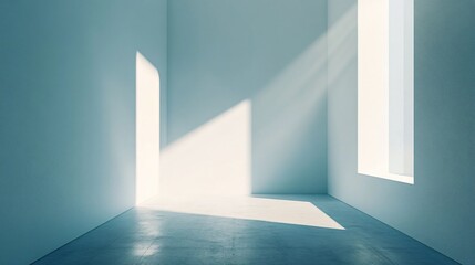 Wall Mural - Sunbeams illuminating empty room with concrete floor and white walls creating abstract geometric shadows