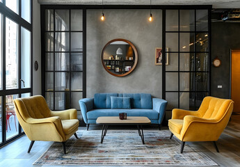 Wall Mural - 
The living room has an industrial-style glass door with black frames. The sofa is gray with blue patterns, and there are two yellow armchairs placed next to each other. 