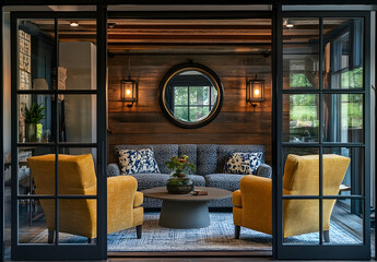 Wall Mural - 
The living room has an industrial-style glass door with black frames. The sofa is gray with blue patterns, and there are two yellow armchairs placed next to each other. 