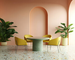 Wall Mural - Thermal wall, terrazzo floor in peach and green colors with yellow chairs around a round table, green plants, minimal interior design style.