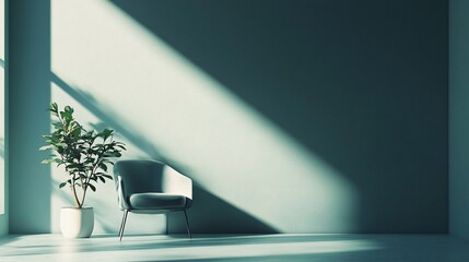 Wall Mural - Chair is sitting in front of a wall with a plant in a white pot. The room is empty and the sunlight is shining on the chair and the plant