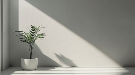 Wall Mural - White wall with a plant in a white pot. The plant is in the center of the wall and the wall is very plain