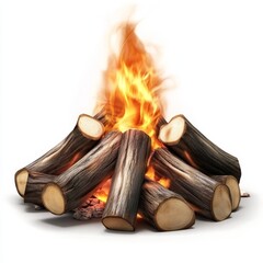 Wall Mural - Burning campfire logs, white background, warmth, website design