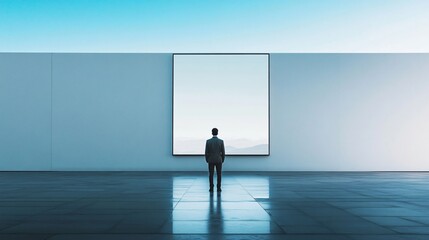 Wall Mural - Man stands in front of a large window, looking out into the distance. The scene is empty and quiet, with no other people or objects visible. The man is lost in thought