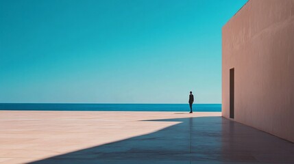 Wall Mural - Man stands in front of a building with a blue sky in the background. The scene is peaceful and serene, with the man alone in the open space