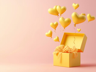 Wall Mural - A yellow theme  heart-shaped balloons flying out of an open gift box on an isolated pink background, a happy Valentine's Day concept.