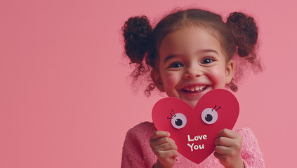 Wall Mural - A child holds up an adorable paper heart with two cut-out holes, decorated with cute eyes and the text 