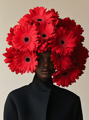 Wall Mural - An African woman with her head covered by large red gerbera flowers.Minimal creative fahion editorial concept with copy space 