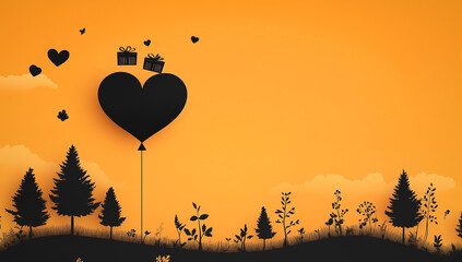 Wall Mural - A minimalistic 3D black theme design featuring  clouds,  trees, flowers, and a heart-shaped balloon carrying gift boxes, perfect for an elegant Valentine's Day card or promotional material.