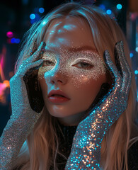 Wall Mural - A close-up of a model with white glitter on her face, wearing long gloves and a dress, with porcelain skin.Minimal creative fashion editorial make up concept.Copy space. 