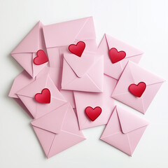 Poster - A pile of pink envelopes with red heart-shaped stickers and arrows pointing at the center, set against a white background.Minimal creative Valentine's holiday concept.Copy space,flat lay