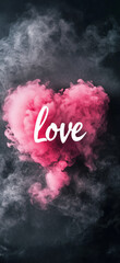 Wall Mural - A pink heart-shaped cloud of smoke against a pink background, with white cursive calligraphy spelling the word 