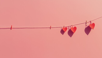 Poster - A red heart-shaped clothesline with fabric hearts and wooden pins hangs against an  pastel pink background, creating a cute Valentine's Day scene.