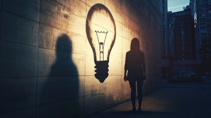 Wall Mural - An artistic representation of a person's silhouette casting a shadow shaped like a light bulb on a city wall, Creative inspiration scene, Artistic style