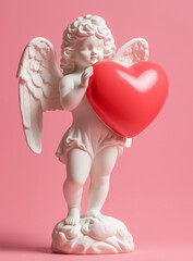 Poster - A cute baby cherub statue holding a large red heart, set against a pure pink background.Minimal creative Valentine's holiday  concept.Copy space,flat lay 