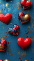 Wall Mural - 3D colorful red, blue, and gold hearts on a dark royal background, creating a love-themed wallpaper.