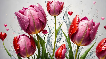 Wall Mural - colorful tulips with water drops on a white background. bright flowers. illustration