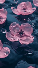 Poster - Close up view of pink flowers floating on dark water, water droplets on petals, moody lighting, serene atmosphere