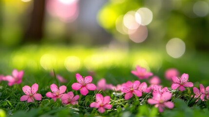 Poster - Close up of scattered pink flowers on a lush green lawn, bathed in soft sunlight with a blurred green and yellow background. A tranquil springtime