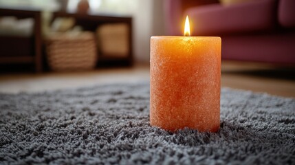 Poster - Lit orange candle on gray rug in cozy living room