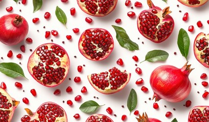 Wall Mural - Vibrant red pomegranates and green leaves arranged on a white background. The image features whole pomegranates, pomegranate seeds, and cut