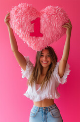 Wall Mural - A woman holding up an  heart-shaped piñata with the number '1' on it, against a pink background.Minimal creative Valentine's fashion advertise concept.Copy space 