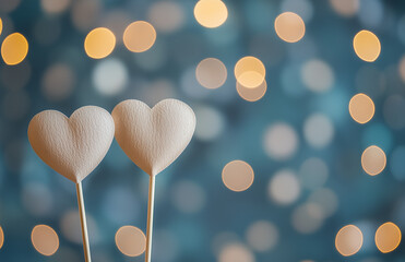 Wall Mural - White paper hearts on toothpicks, with bokeh lights in the background, on a light wooden surface, in a Valentine's Day theme.Copy space,flat lay 