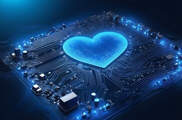 Glowing heart on circuit board. Cyber love and technology. Bond between human feelings and advanced technology in modern cyber world of romance and artificial intelligence. Symbol of valentine's day