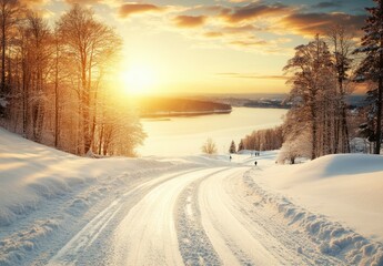 Poster - Snowy landscape at sunset, featuring a winding road leading to a tranquil lake. Golden sunlight illuminates snow covered trees framing the scene