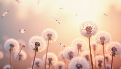 Wall Mural - A field of dandelions with the sun shining on them