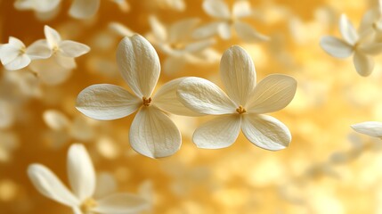 Wall Mural - Two Creamy White Flowers Floating Against Golden Background