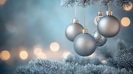 Canvas Print - Silver and gray Christmas ornaments hang from a frosted pine branch against a bokeh background of warm lights. The image evokes a feeling of winter