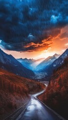 Poster - Breathtaking mountain landscape at sunset with contrasting weather and artistic elements