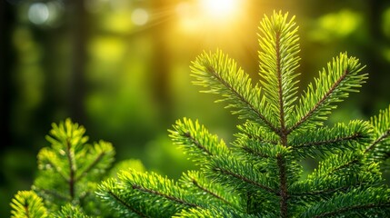 Wall Mural - Close up of vibrant green pine tree branch, sunlight filtering through forest background, creating a warm, natural scene