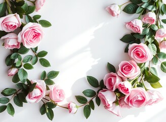 Poster - an image of a pink rose garland with green leaves on a white surface, pink roses are arranged in a heart shape on a white surface