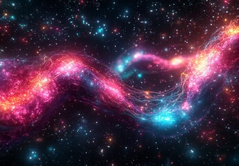 Wall Mural - Cosmic nebula with swirling pink, blue, and orange glowing gas clouds in a dark space. Sparkling particles and stars create a vibrant, ethereal