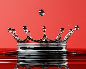 Poster - Water droplet crown splash against a red background. Close up view of a water droplet forming a crown shape upon impact, with a smaller droplet