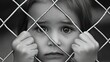 © Vasyl - Child looking through a chain link fence with a solemn expression in a monochrome setting, evoking feelings of longing and confinement