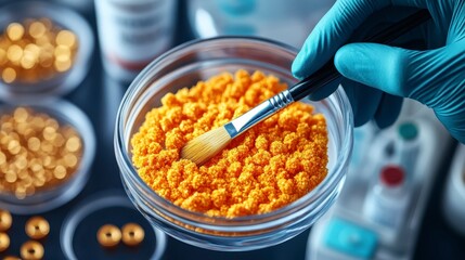 Close up view of a gloved hand using a spatula to gently mix a vibrant orange granular substance in a clear glass laboratory dish. Other small