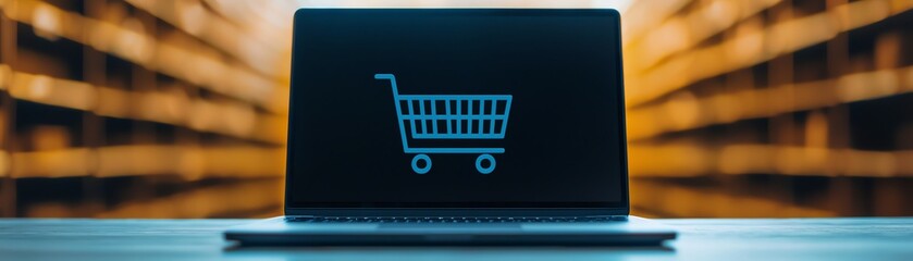 Laptop with shopping cart icon on screen.