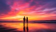© Berkah - Couple Silhouetted Against Vibrant Sunset Ocean Beach