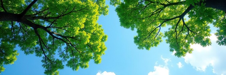 Wall Mural - Tree branches stretch upwards towards the light blue sky with a few fluffy clouds, foliage, nature, green