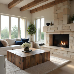 Wall Mural - Rustic aged coffee table near white sofa with blue and beige pillows against fireplace in stone cladding wall. Mediterranean style home interior design of modern living room