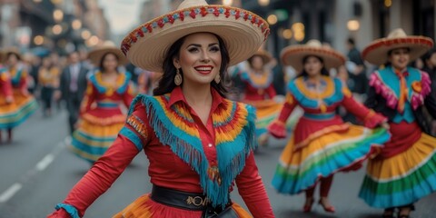 A woman wearing a sombrero and colorful dress is smiling and dancing in a parade. The other women in the parade are also wearing colorful clothing and dancing. Scene is joyful and celebratory