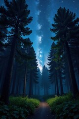Wall Mural - Secluded forest with twinkling stars above the trees, Milky Way, night sky, woods