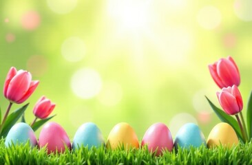  A bright and cheerful Easter sale banner featuring pastel-colored eggs, blooming tulips, and a blank center space for promotional text
