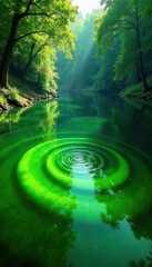 Wall Mural - dense, bright green algae creates a swirling vortex in a calm lake, mirrored by a tranquil forest , 