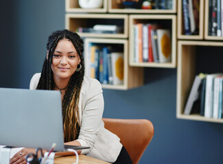 Poster - Woman, portrait or student in home office on laptop for online registration or college schedule. University, application or girl with internet for information technology course or elearning education