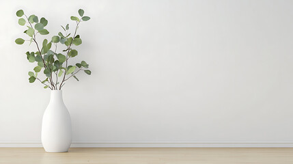 Wall Mural - Eucalyptus branches in white ceramic vase on empty wall background